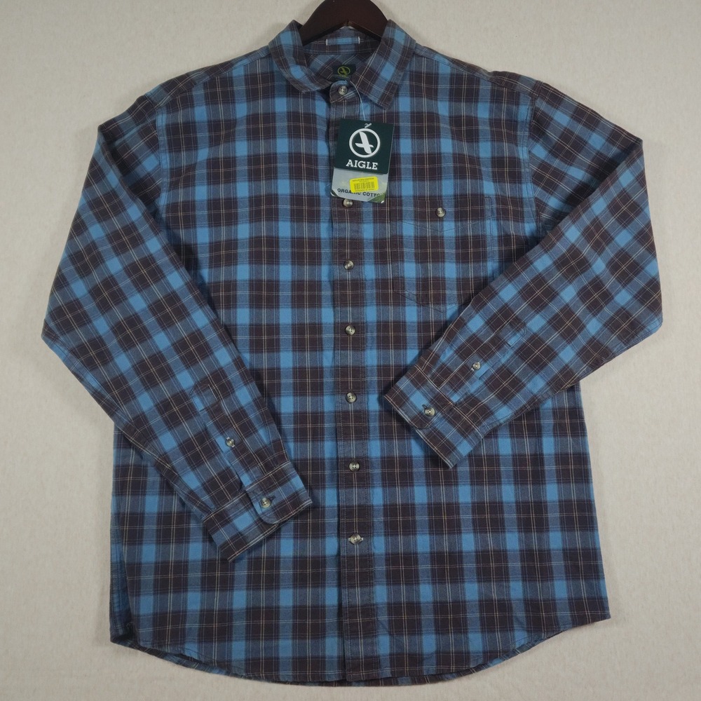 Aigle Organic Cotton Flannel Shirt Mens L Blue Brown Plaid NWT Gorpcore Y2K